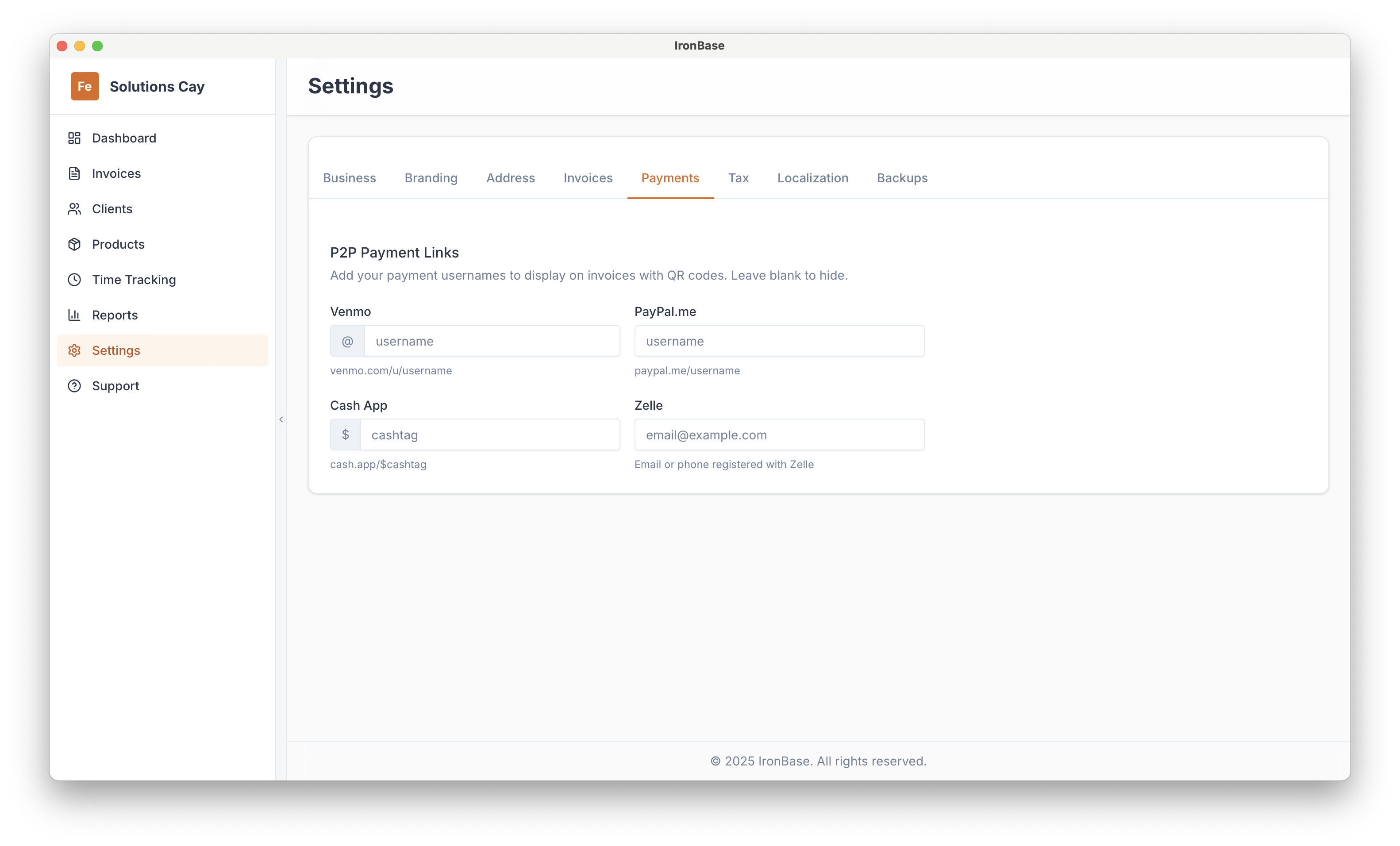 IronBase P2P payment settings with QR codes