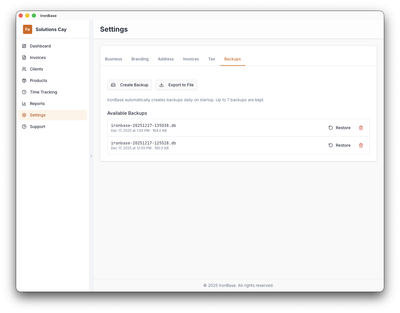 IronBase settings and backup options